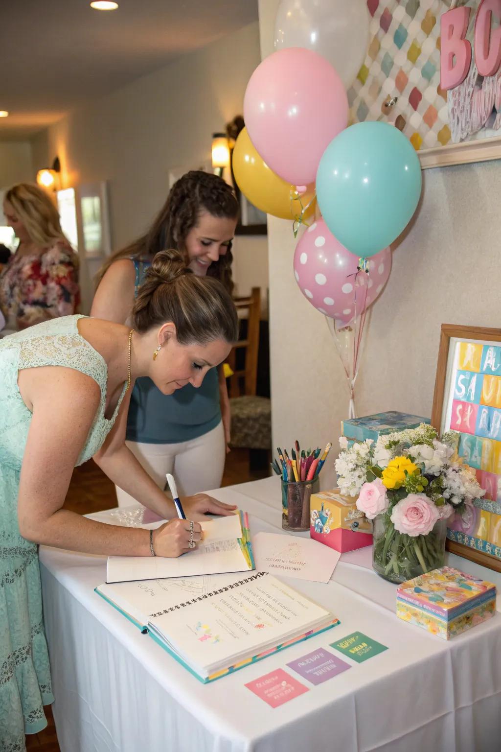 An interactive visitor log station filled with heartfelt messages.