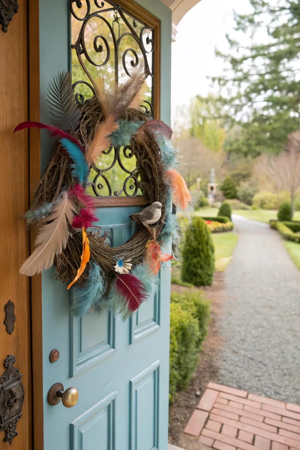 Plumed accents add a hint of dreaminess to your entrance.
