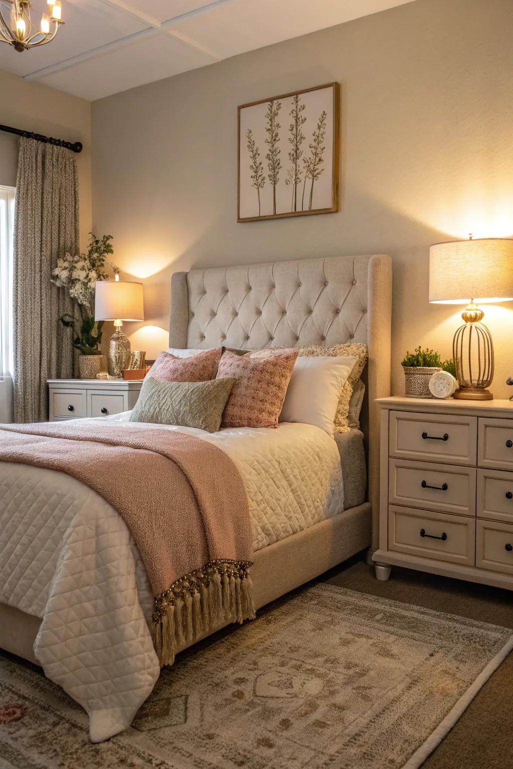 Upholstered nightstands add a gentle touch.