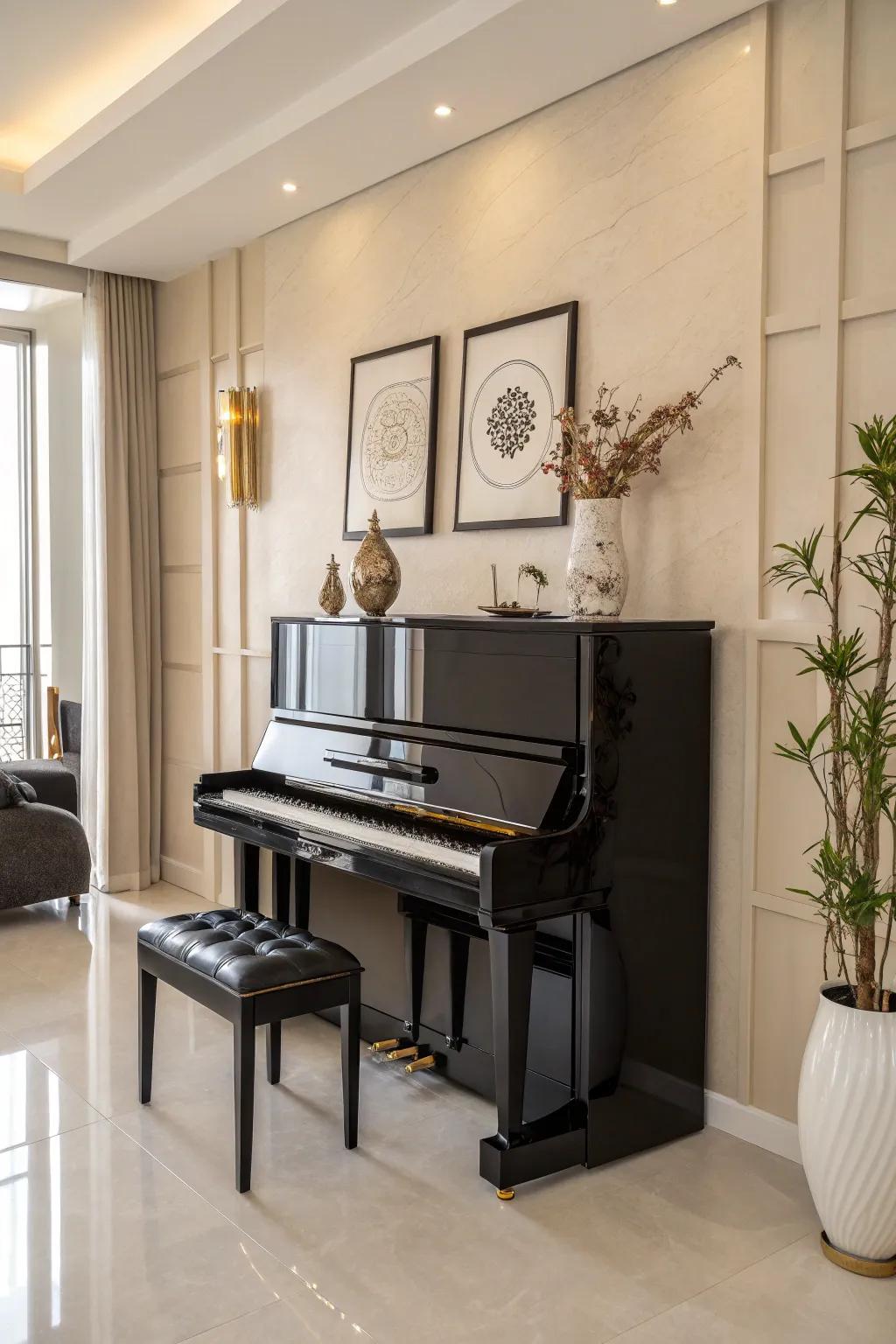 A sleek, modern room featuring an upright piano and minimalist decorative pieces.