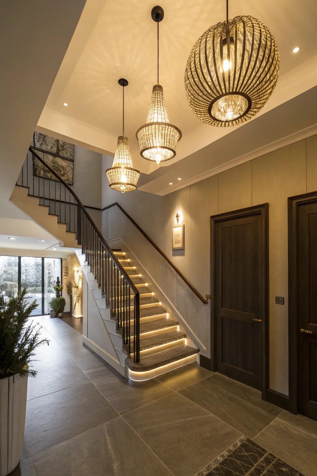 Pendant lighting adds to the atmosphere of the landing.