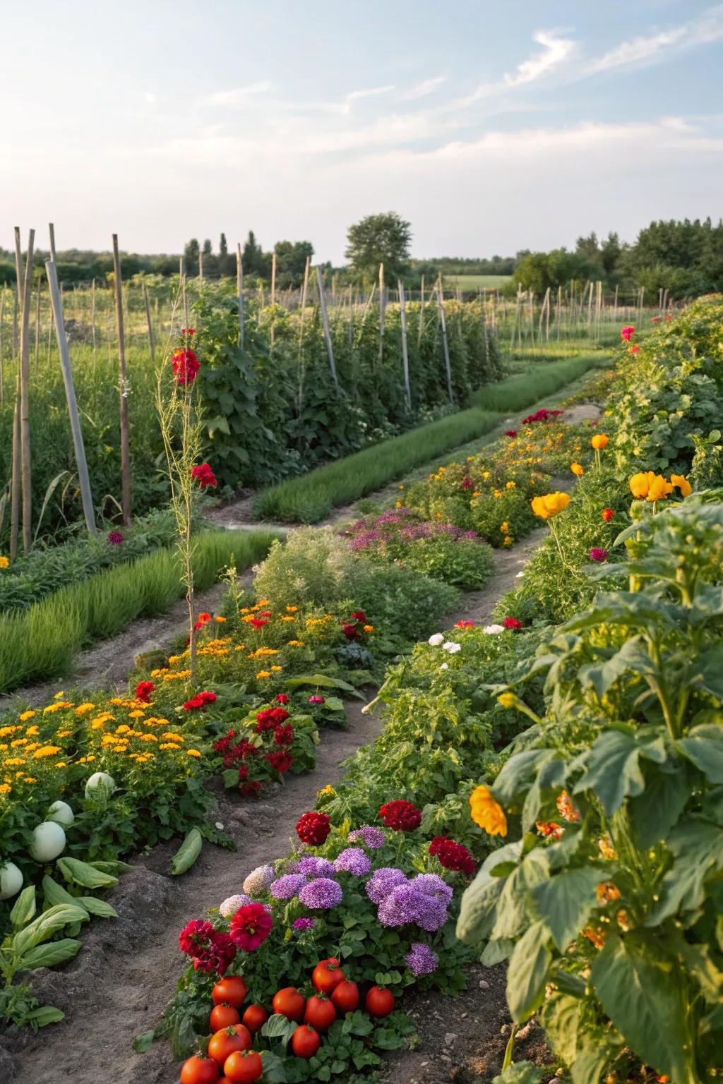 A vibrant edible scene presents blossoms and veggies coexisting harmoniously.