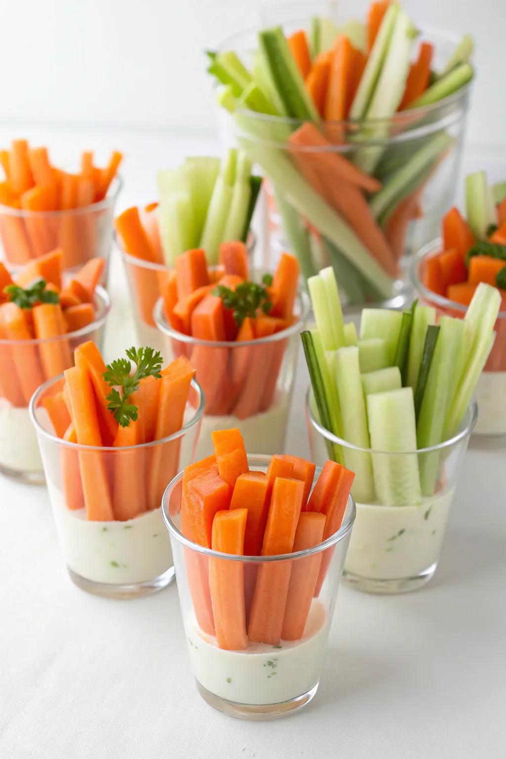 Individual vegetable cups for convenient party servings.