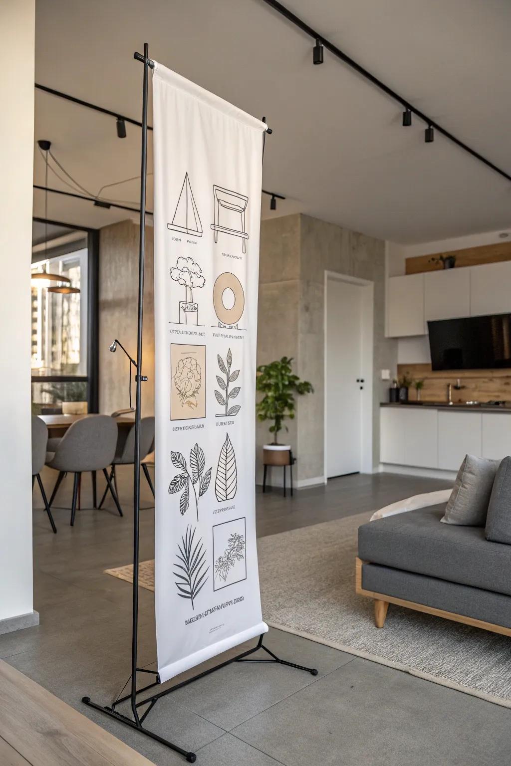 Minimalist lines on a vertical banner harmonize with a modern interior.