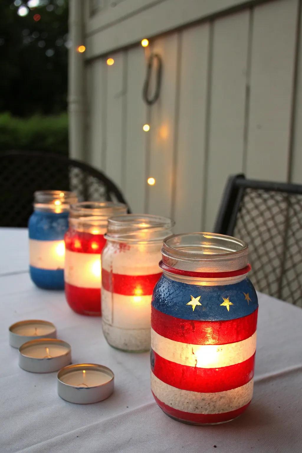 Cottage-style jar lampions offering a snug and patriotic radiance.