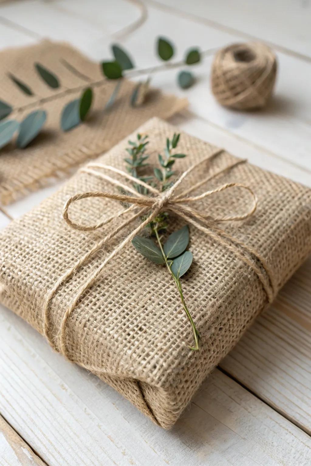 Countryside refinement converges with minimalist allure through grain sack gift wrapping. Ideal for incorporating a hint of warmth into your presents.