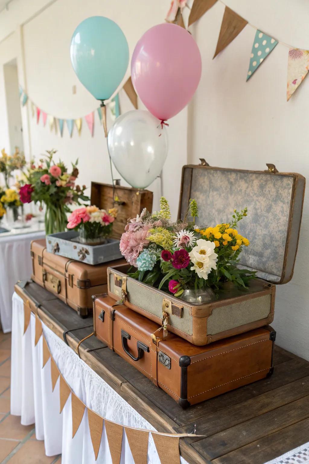 Charming antique traveling trunks adding character to the event decor.