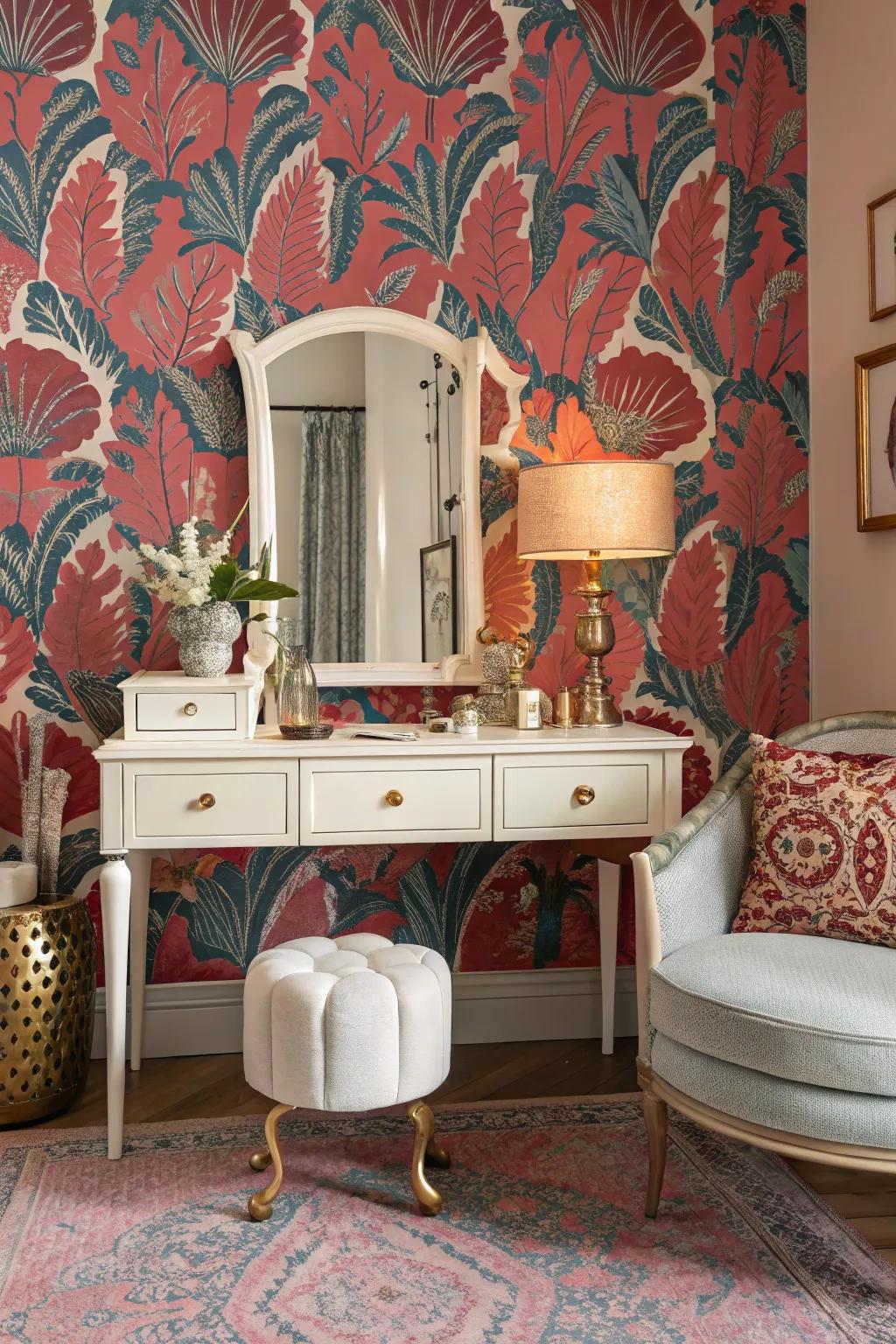 Vibrant wallpaper scenes amplify the sophistication of vintage vanities.