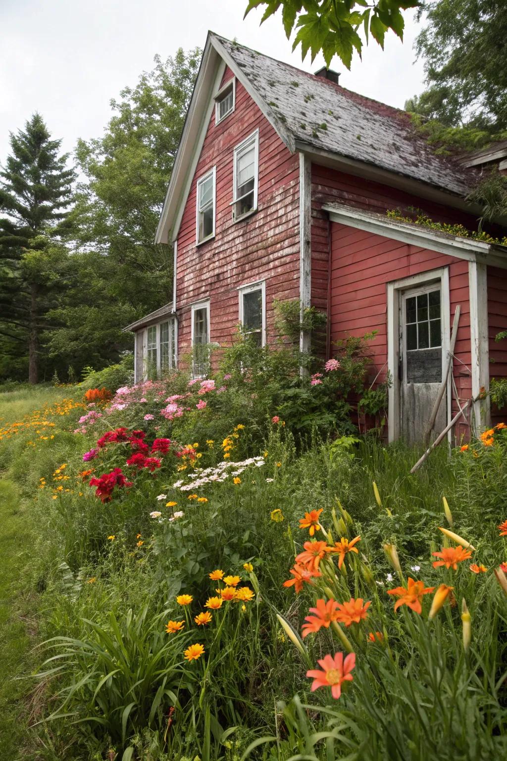 Faded red siding evokes vintage charm and nostalgia.