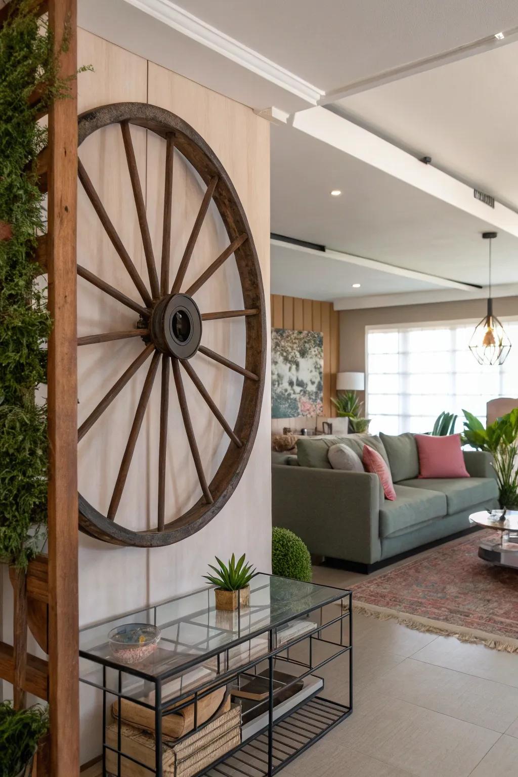 A carriage wheel creatively acting as a space divider, which gives interest to the area.