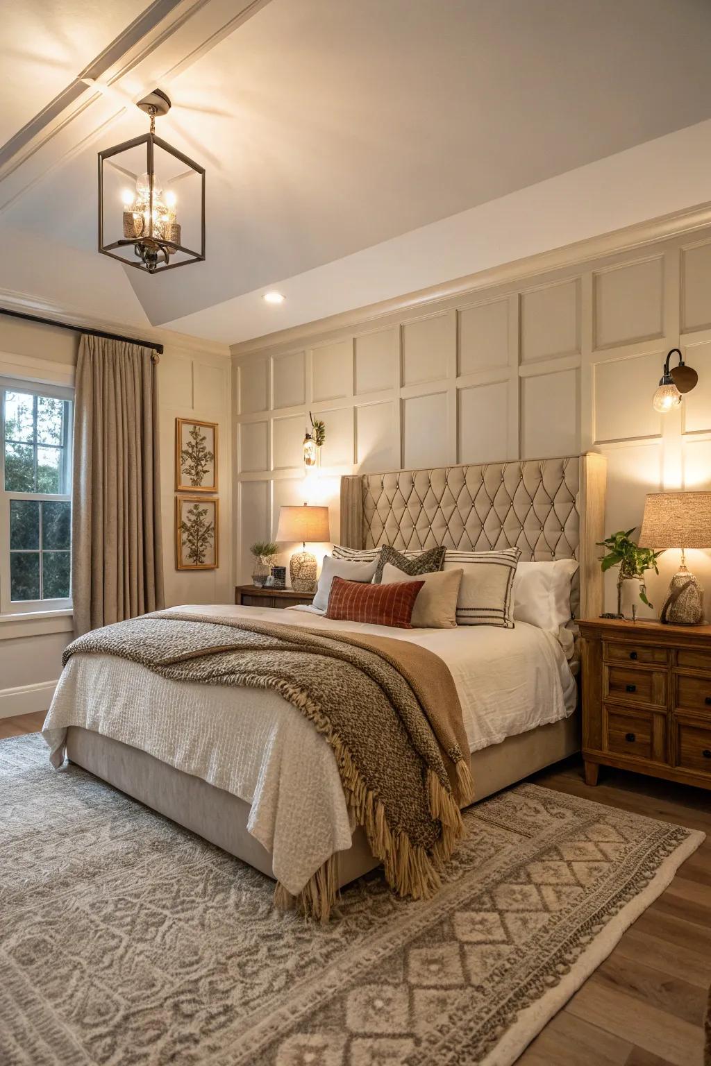 Layered textures using paneling create a rich and inviting atmosphere.
