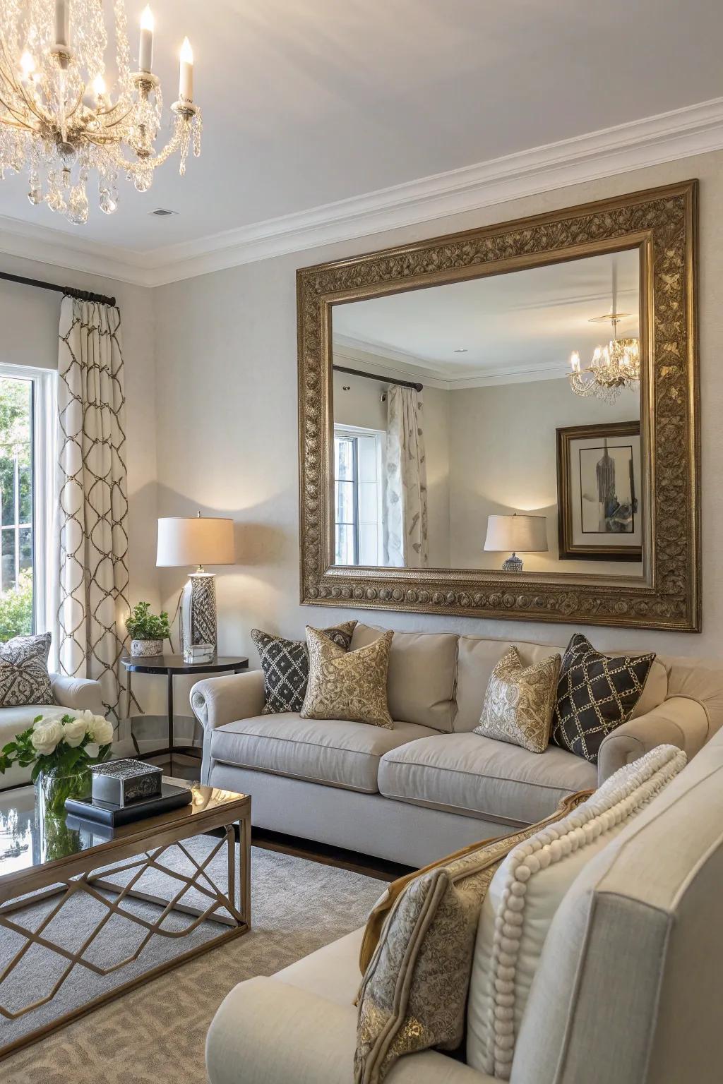 A large mirror in the living room adds light and enhances the sense of space.
