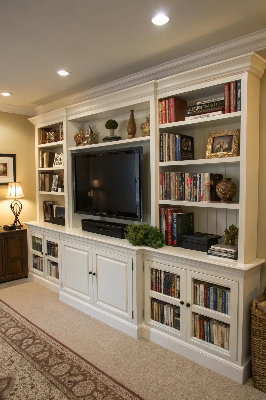 Framing your TV with shelves turns it into a stylish focal point, integrating entertainment with the room’s decor.