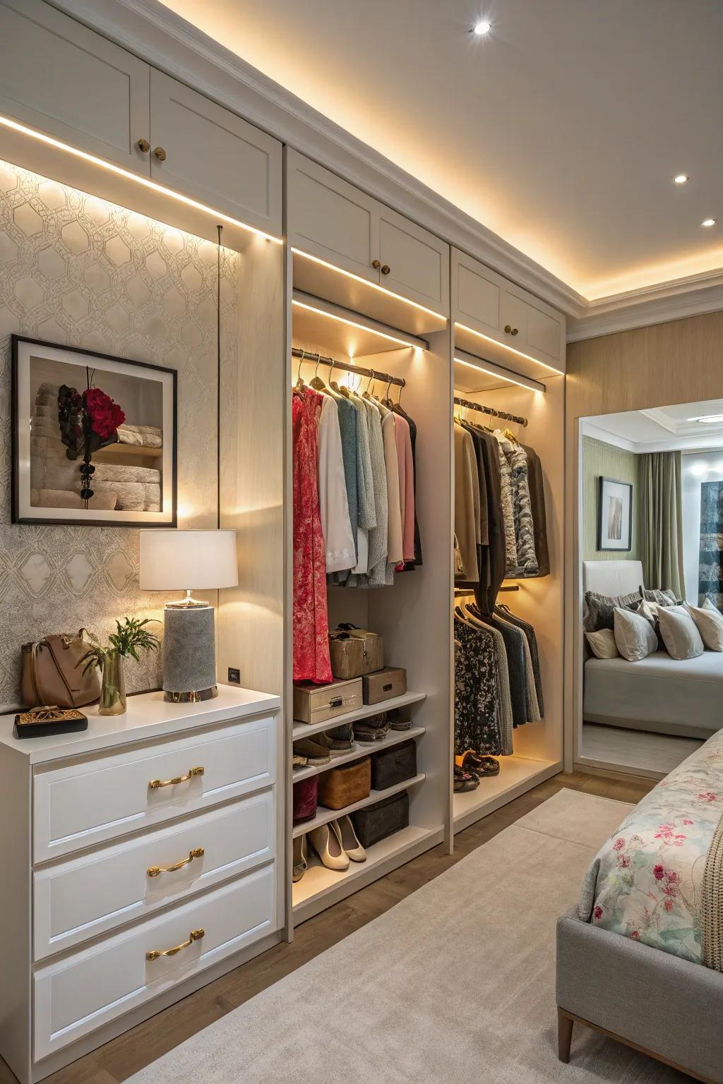 Accent lighting adds drama to wall closets.