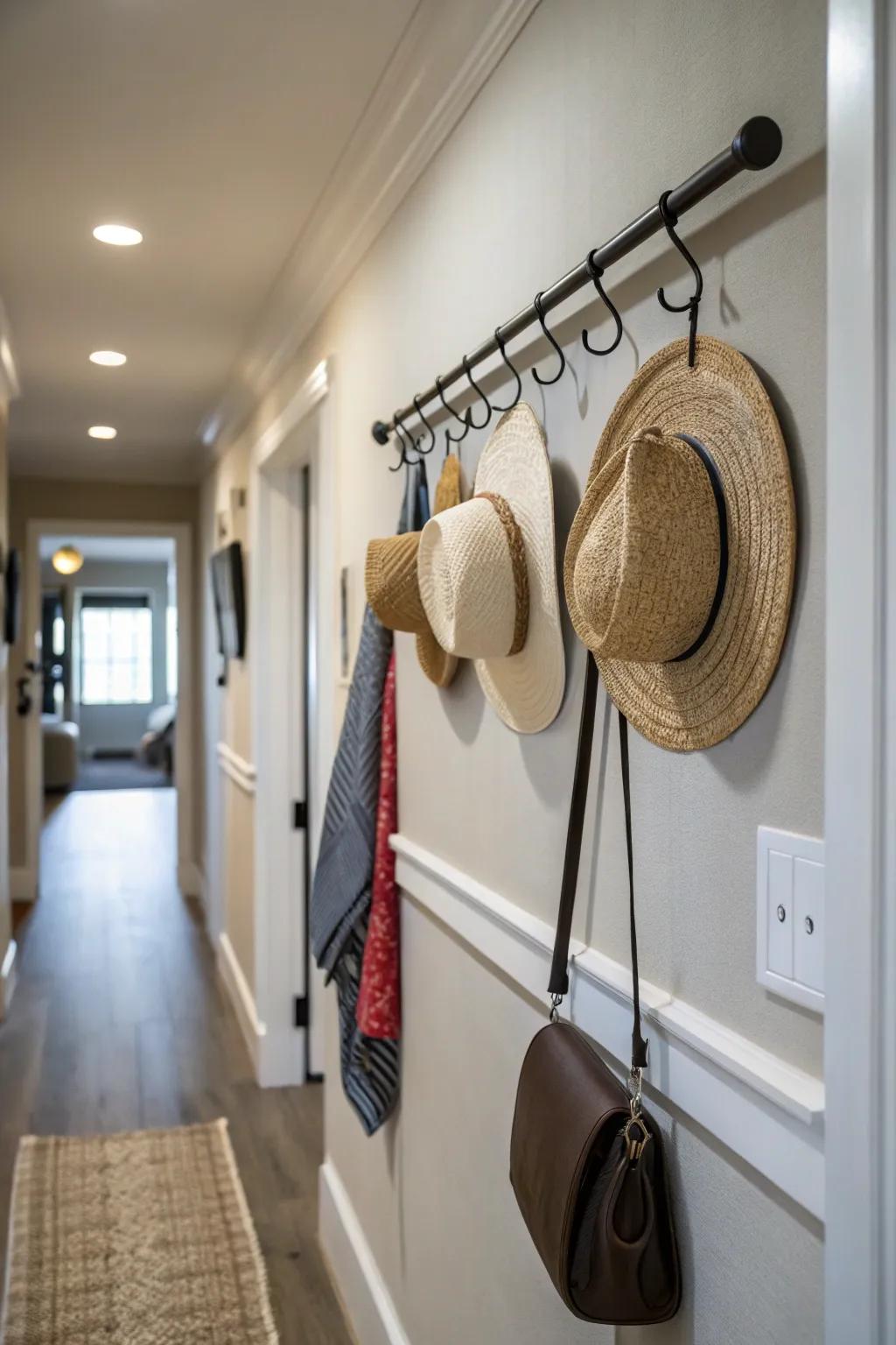 An easy-access headwear display employing a wall rod.
