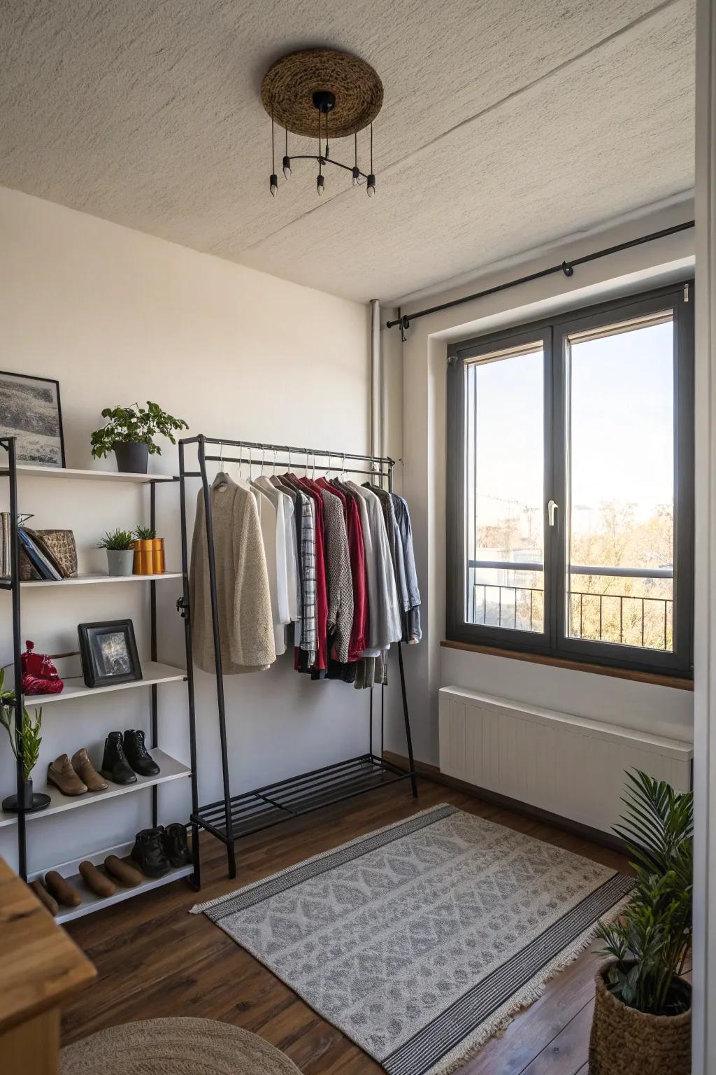 A petite apartment enhanced by a ceiling-mounted clothing rack.