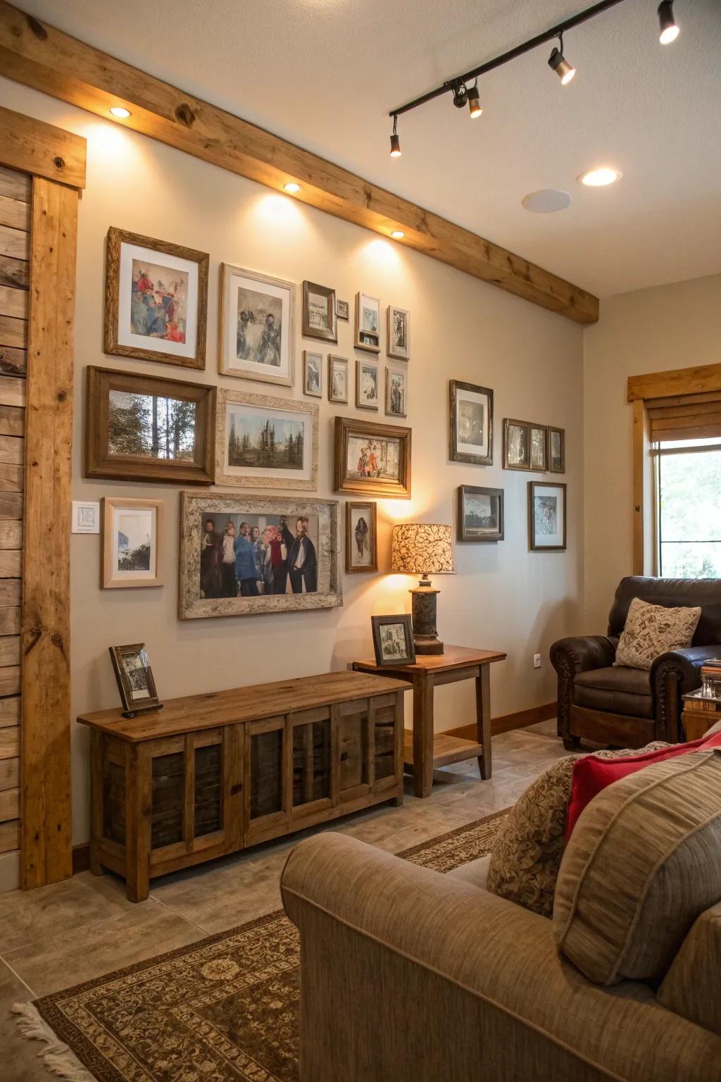 Rustic wooden frames adding warmth to a wall of fame.