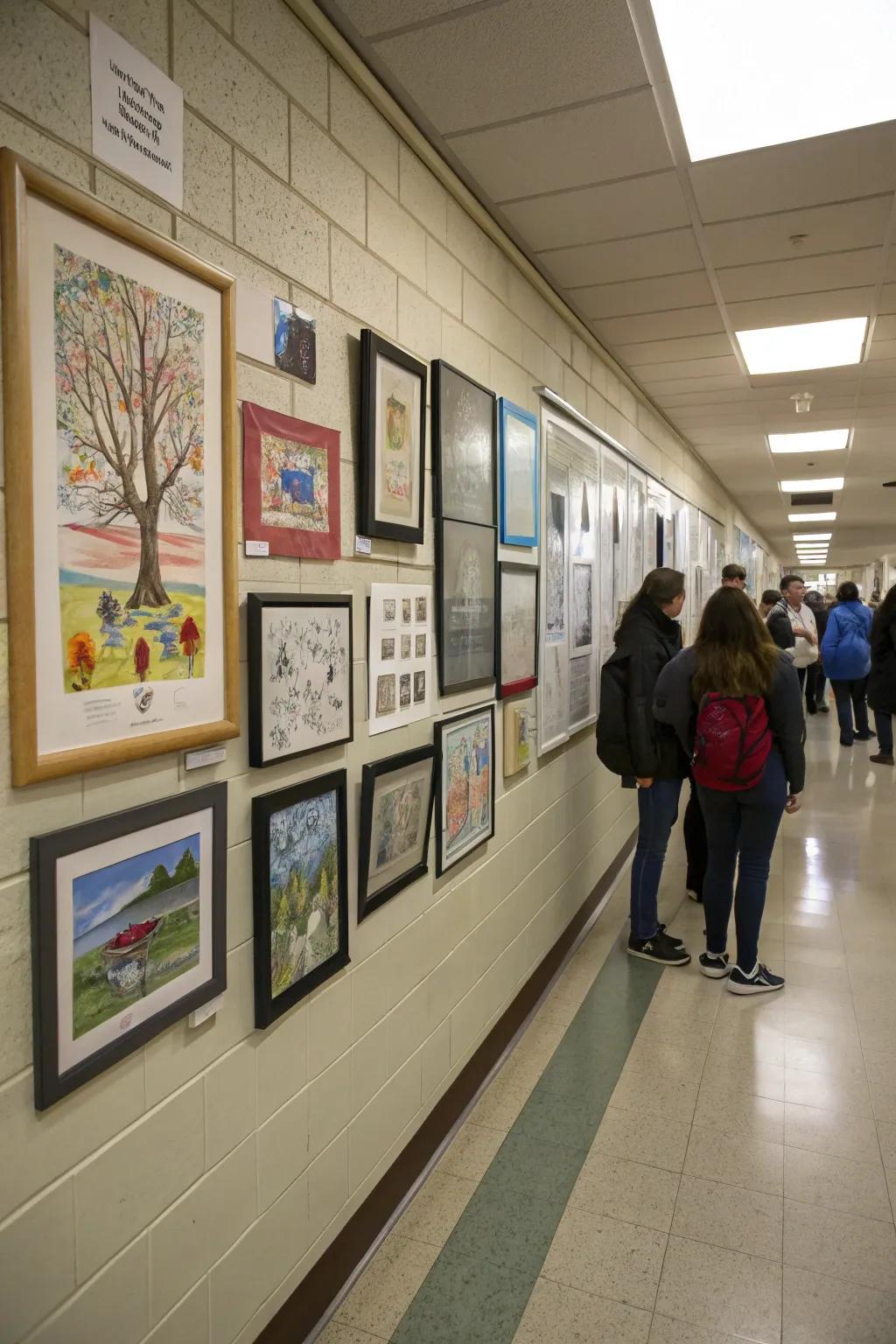 Gallery wall of student artwork in a school