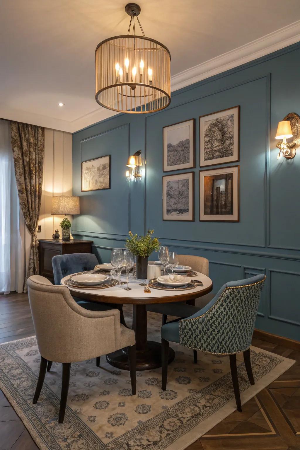 Create a dramatic dining ambiance with warm blue walls.