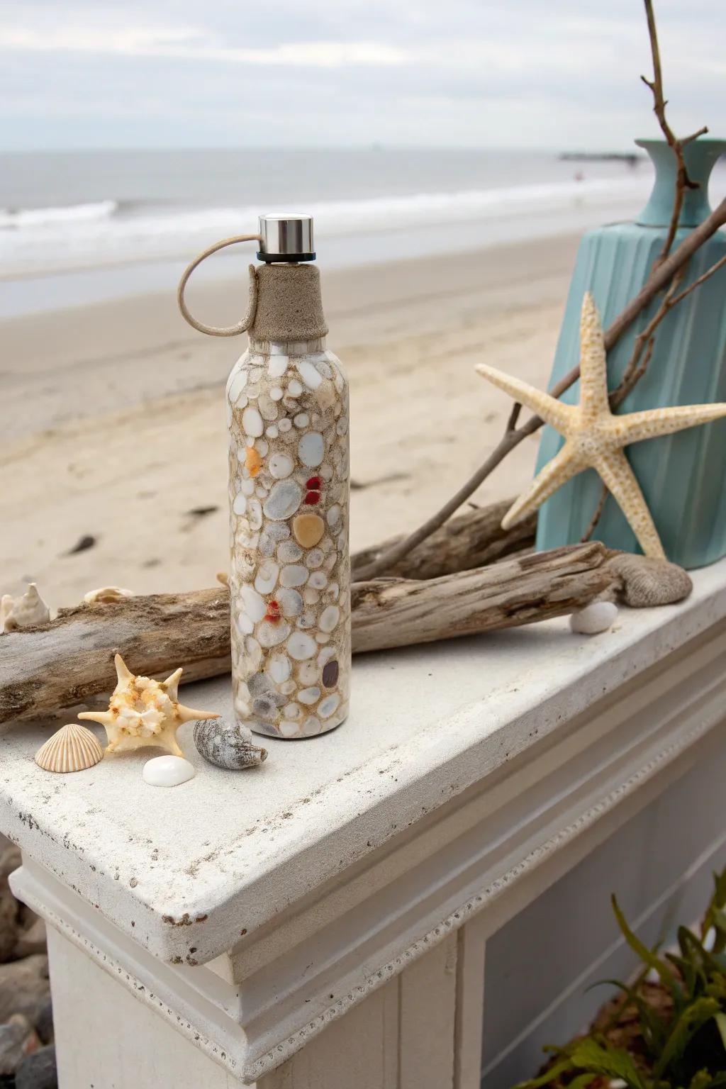 A hydration container embellished via shells for a seaside atmosphere.