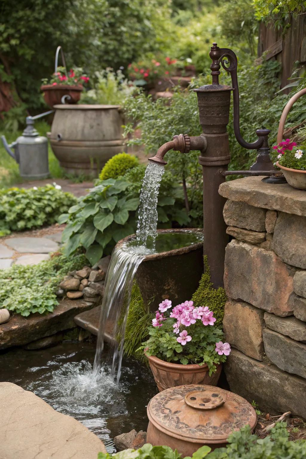 A retro spout cascade injects historical charm into your garden.