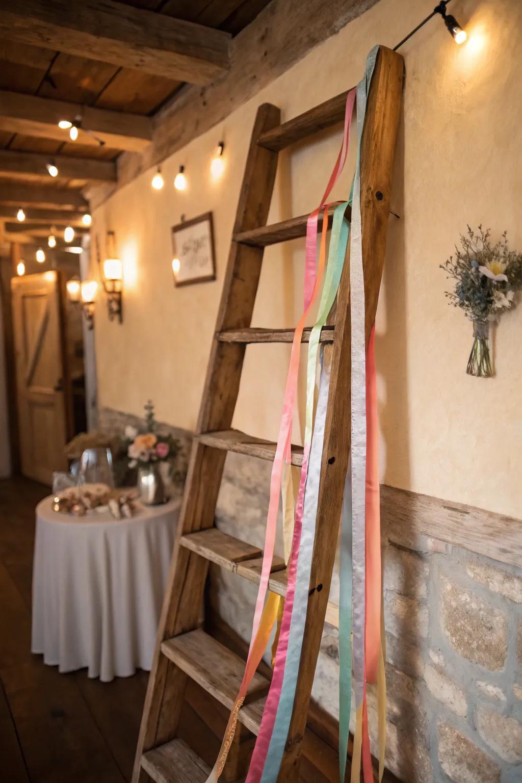 A ladder display that organizes ribbons with rustic charm.