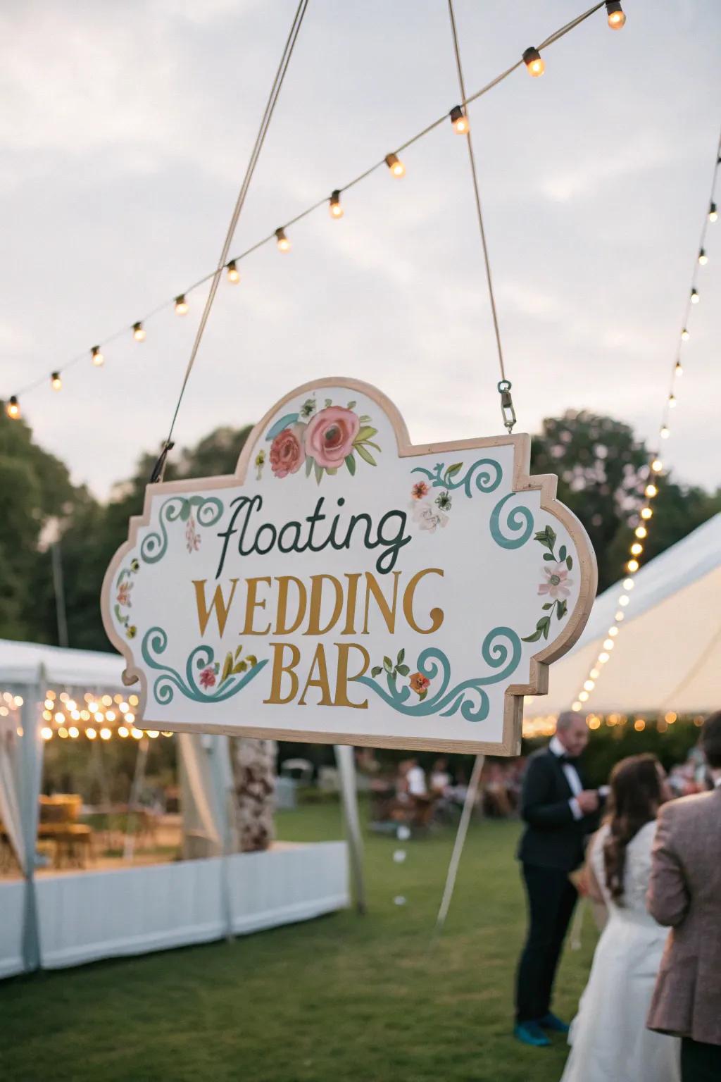 A floating bar sign hangs from clear lines.
