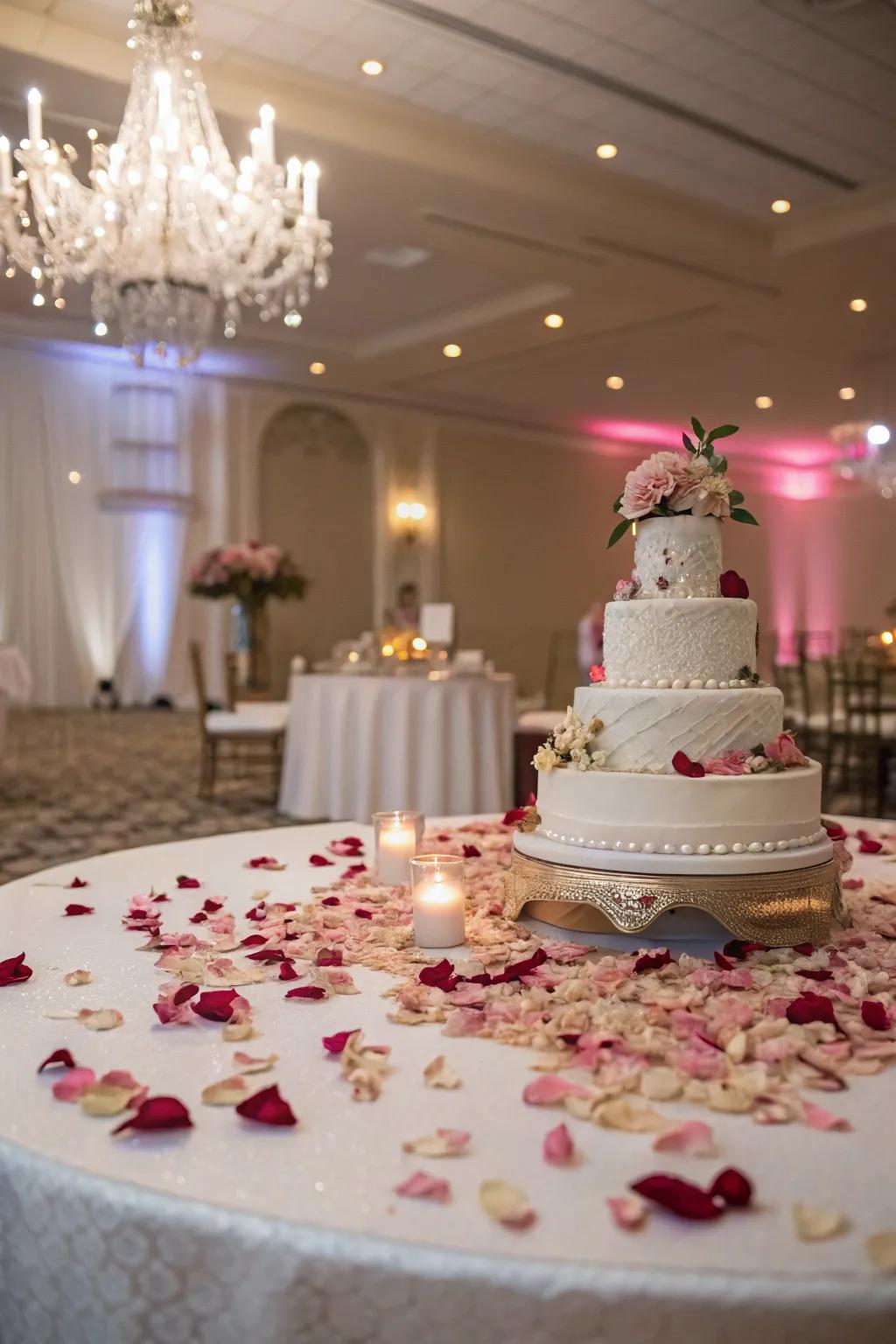 Flower leaves fashioning a romantic aura around the wedding cake display.