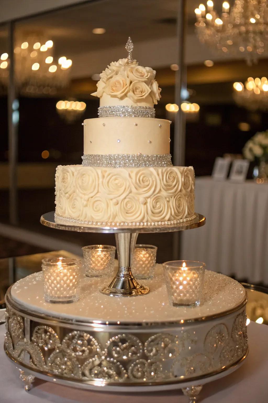Glasses contribute reflection and radiance to the cake display.