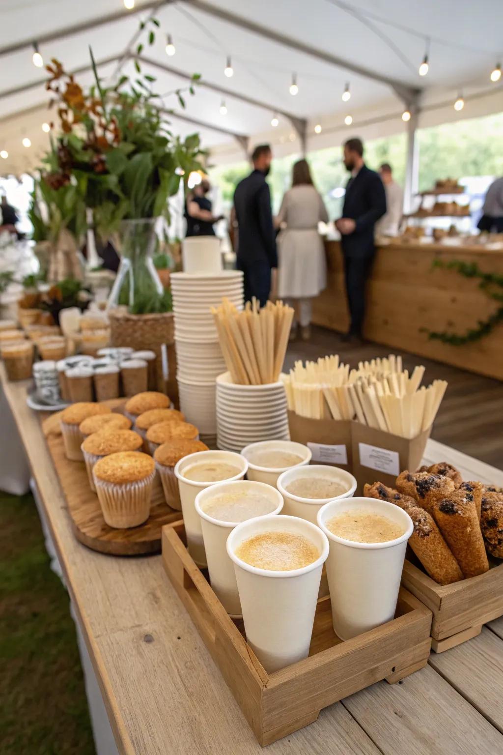 Eco-conscious serving selections at a wedding coffee station.