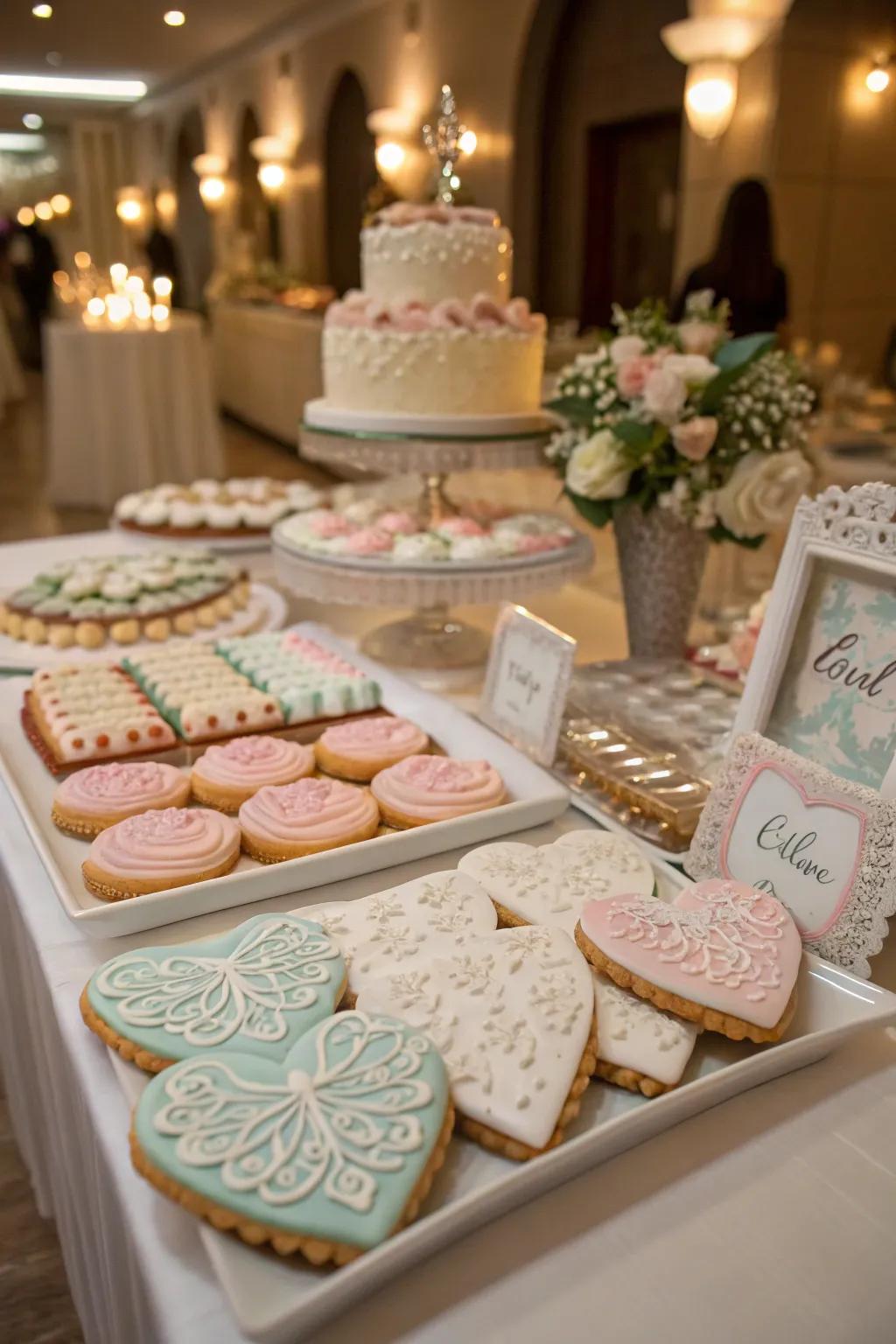A themed cookie table exhibit complements the wedding's general aesthetic.