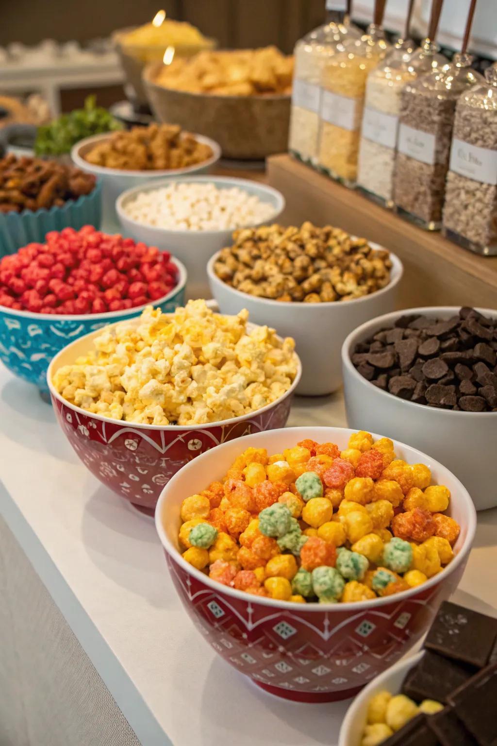 A gourmet popcorn bar offering a savory twist to your dessert table.