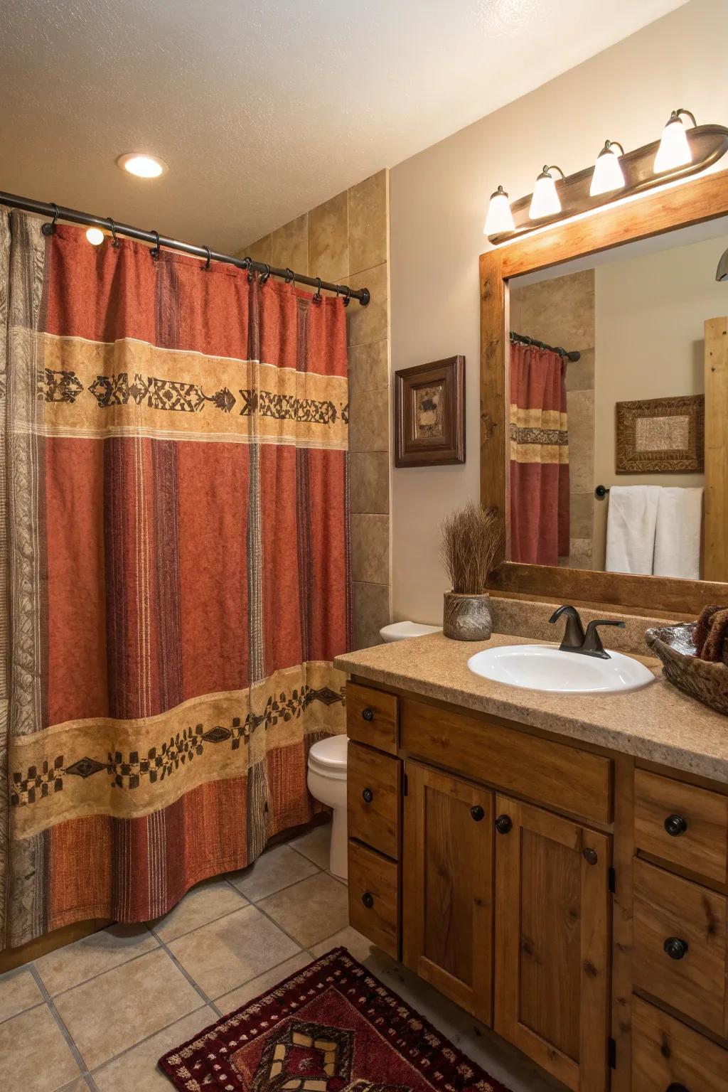 A striking shower drape establishes the ambiance in this Western-themed bathroom.