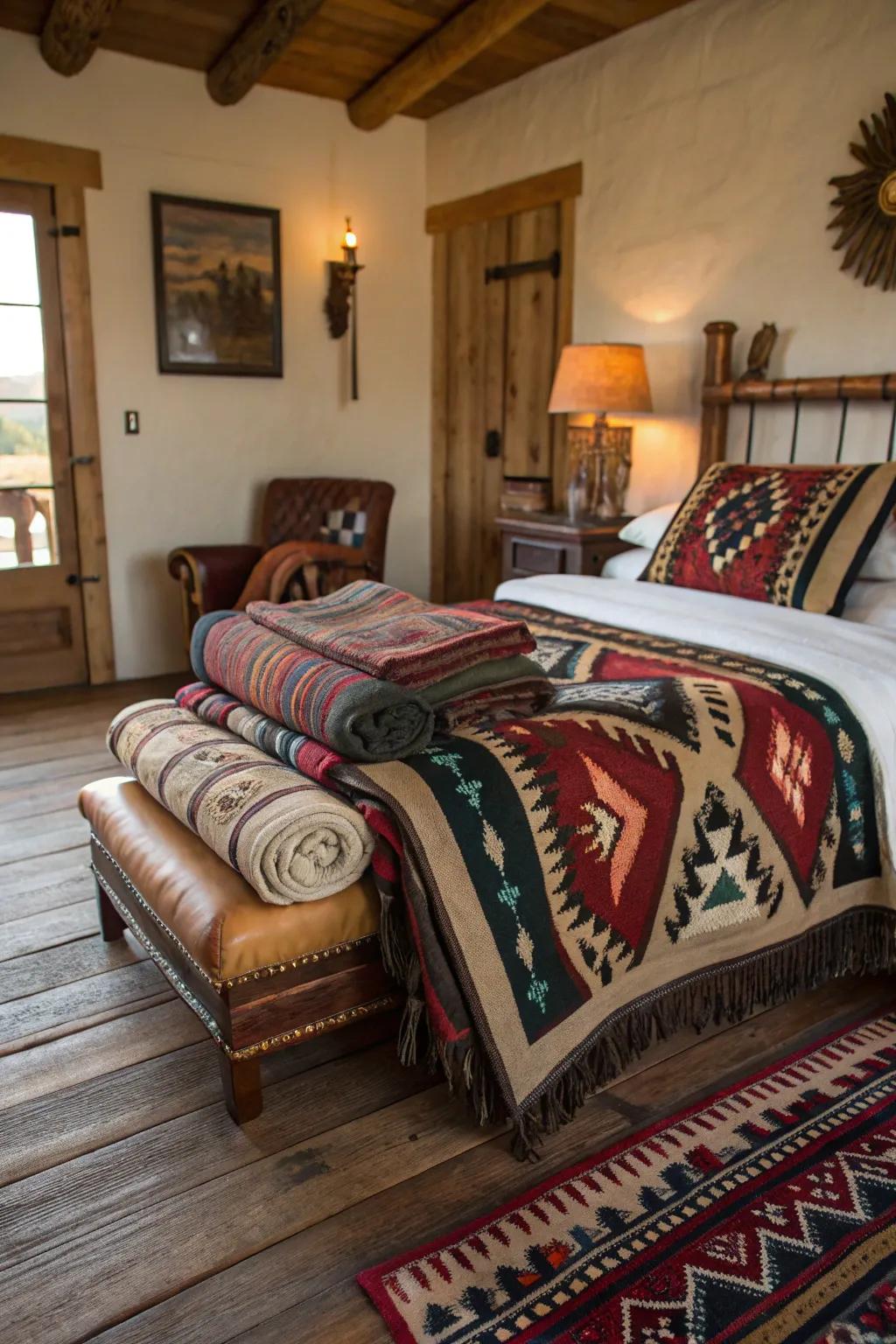 Saddle blankets bring texture and color to your Western hideaway.