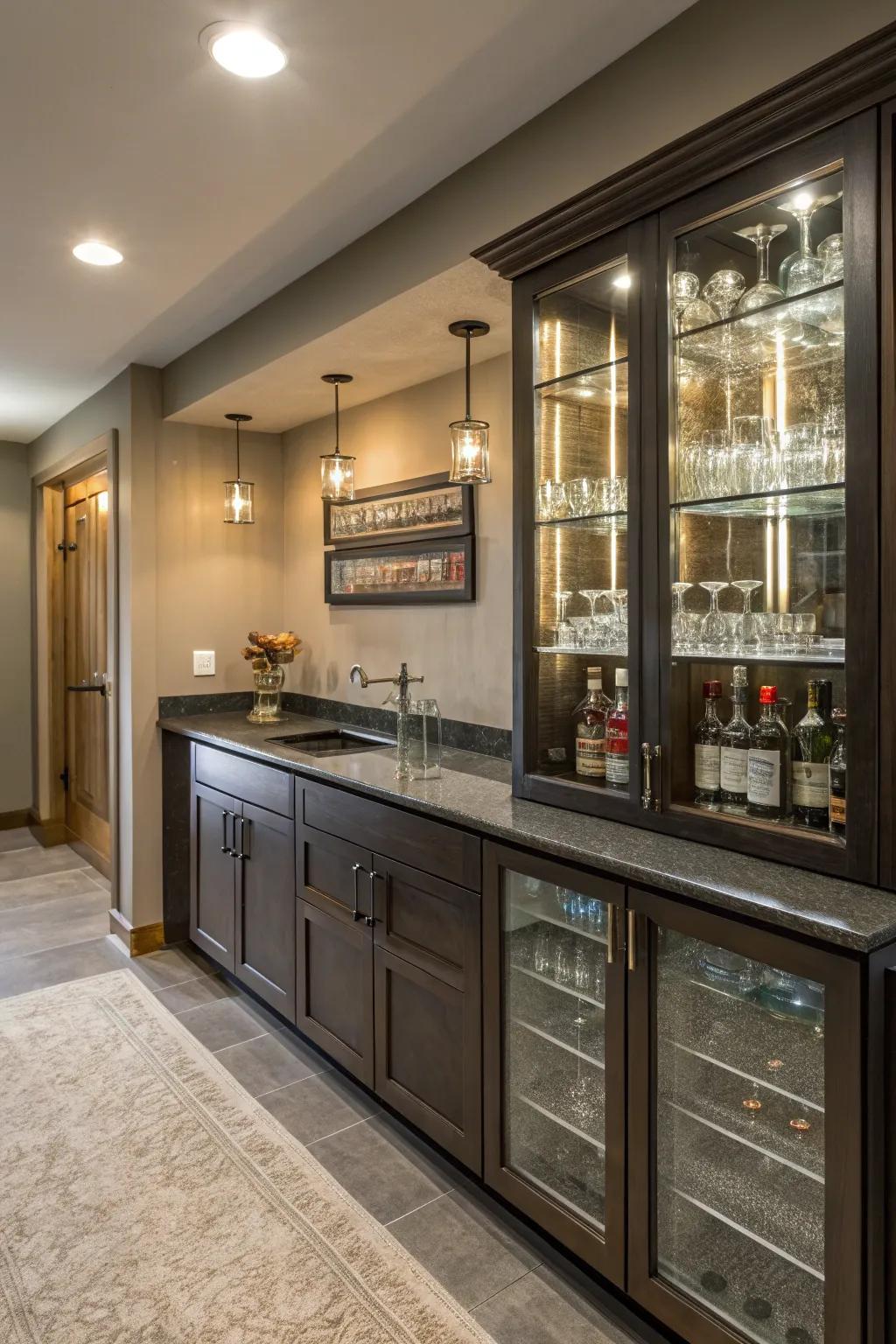 Protect and elegantly showcase your glassware in glass-door cabinets.