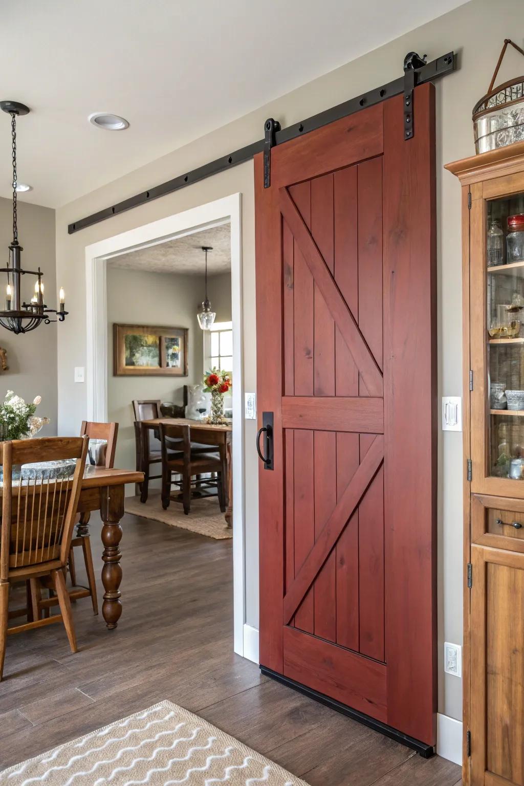 Countryside scarlet doors add a rustic farmhouse character.