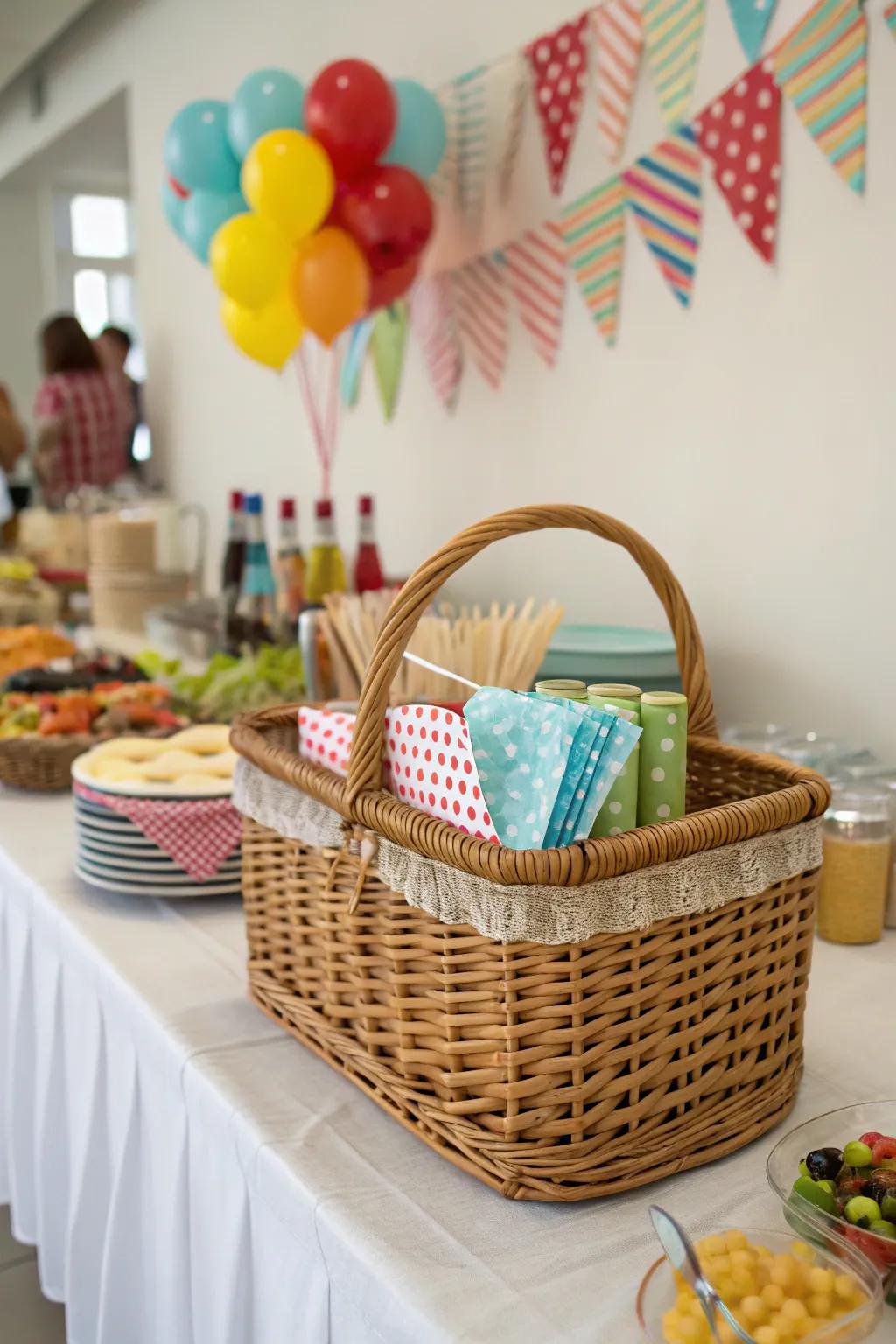 A celebration basket maintains provisions organized and reachable all through get-togethers.