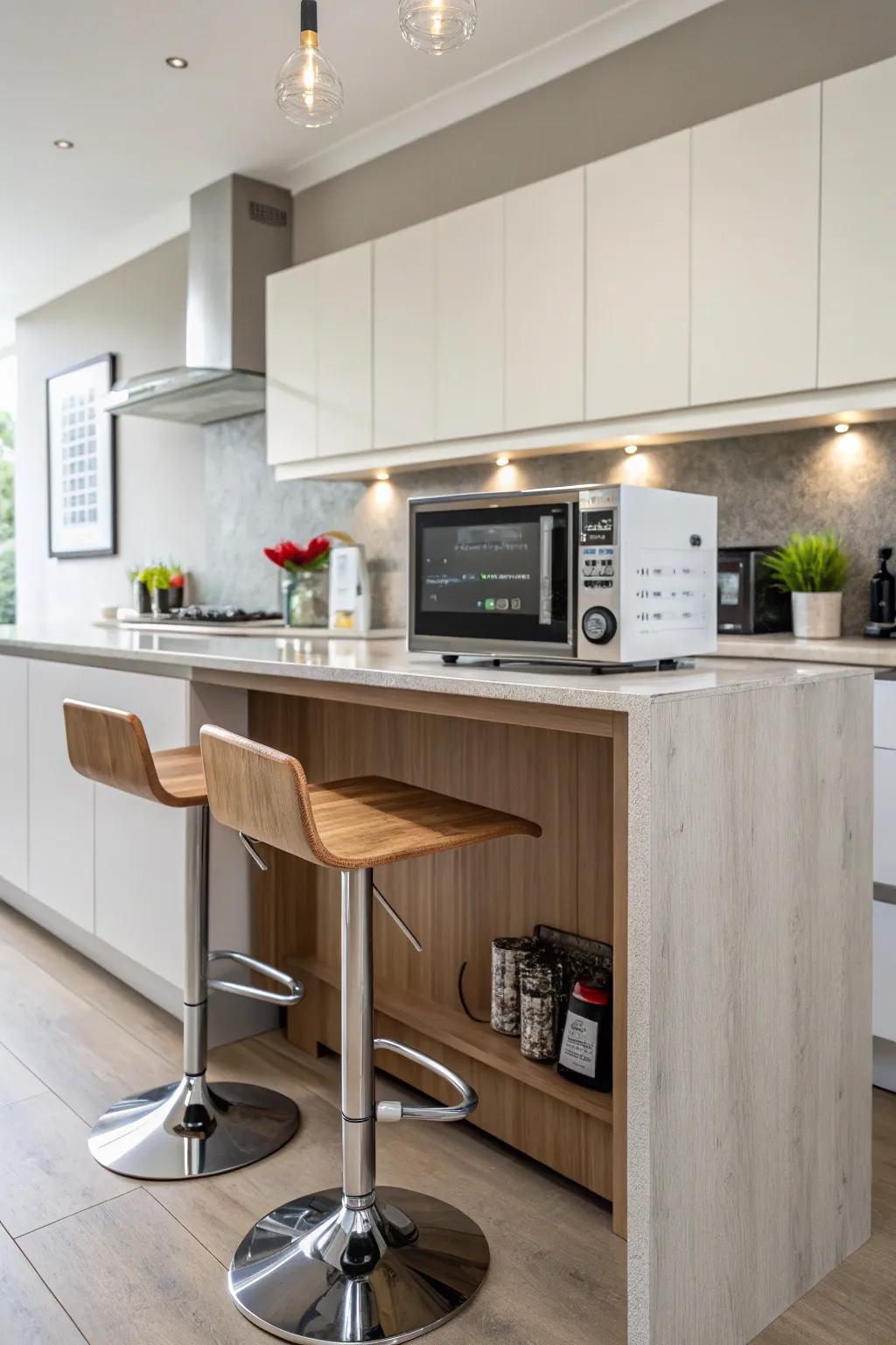 Positioning a speed oven under the breakfast bar is both functional and surprising.
