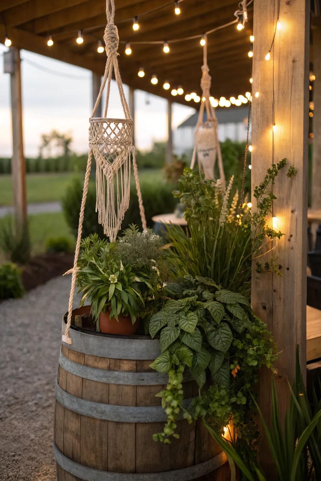 A bohemian cask featuring macramé and lights for a whimsical hint.