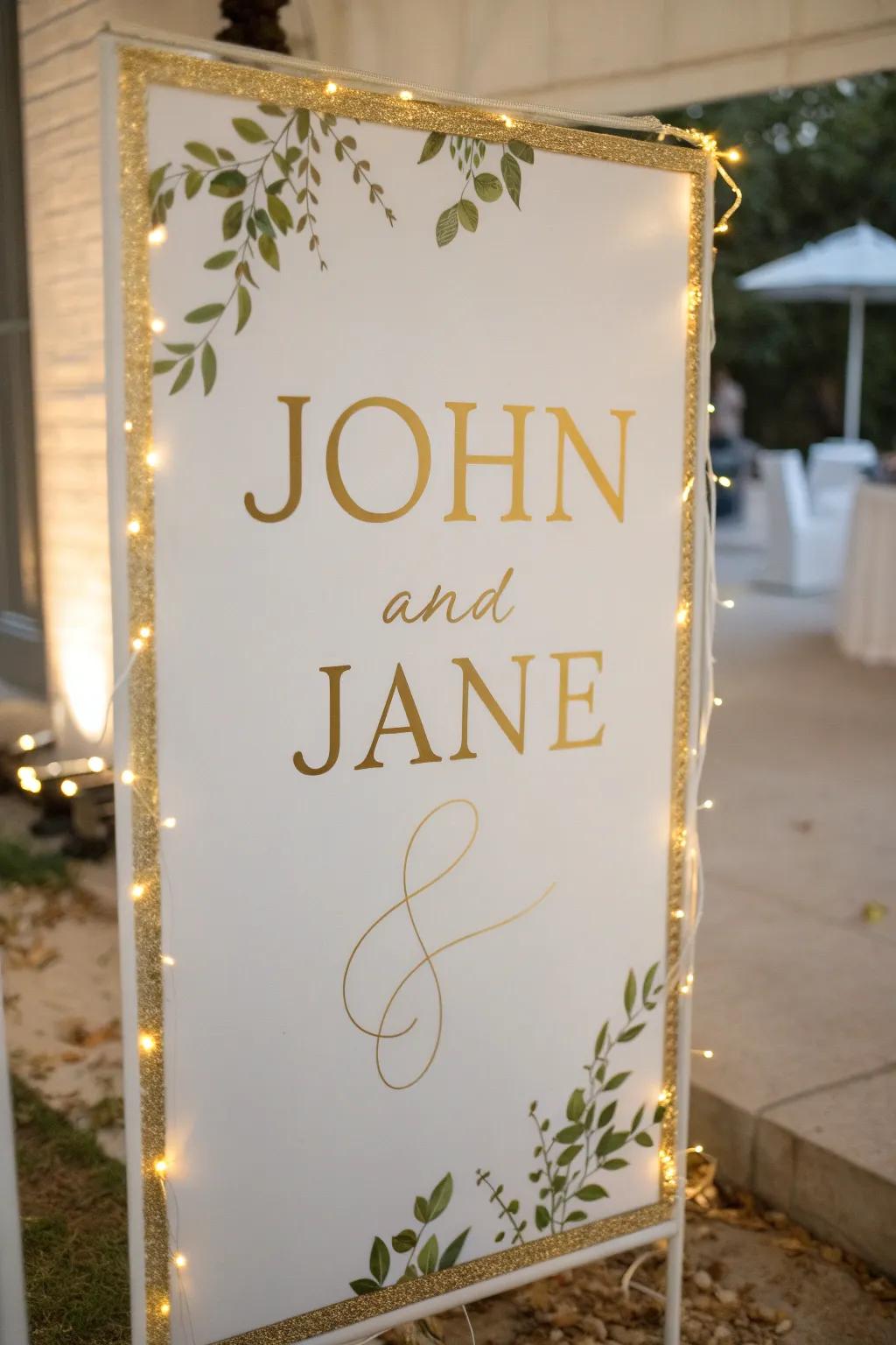 Exclusive wedding signage in white and gold.