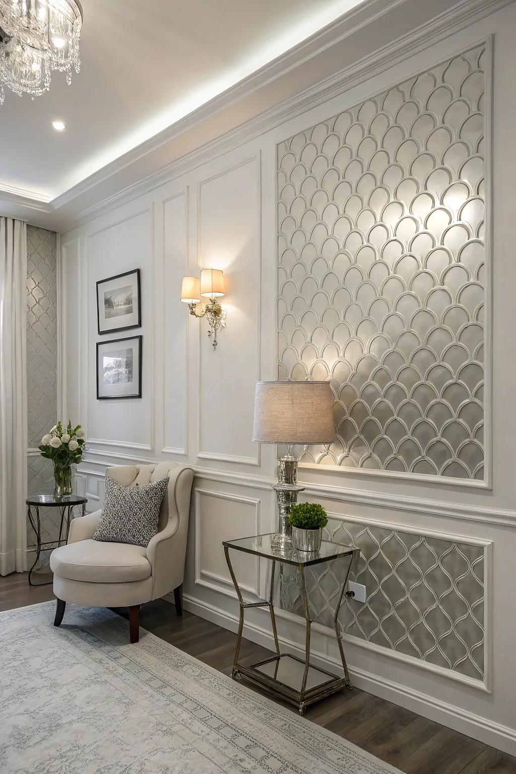 Create impact with a dazzling white and silver wall.
