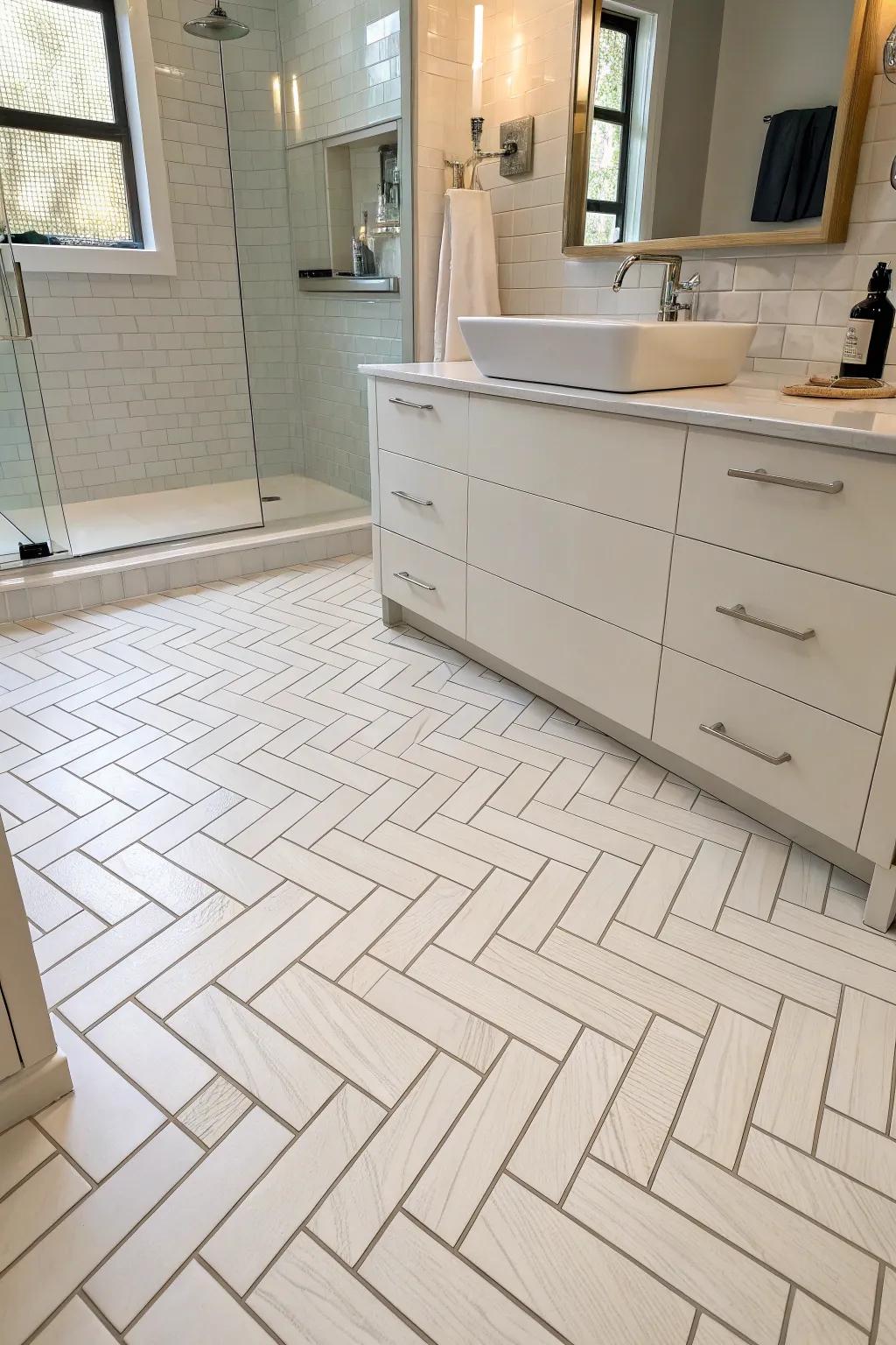 Creative patterns add a unique twist to classic white tiles.