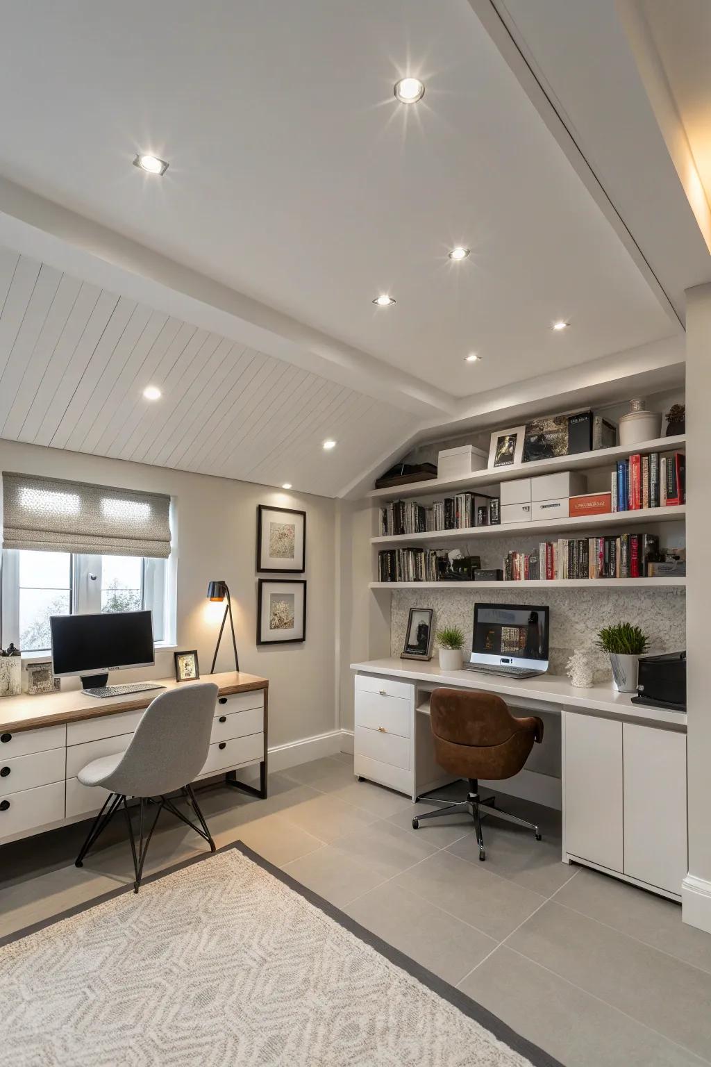 A modern home office showcasing a white ceiling featuring inset lighting for a neat aesthetic.