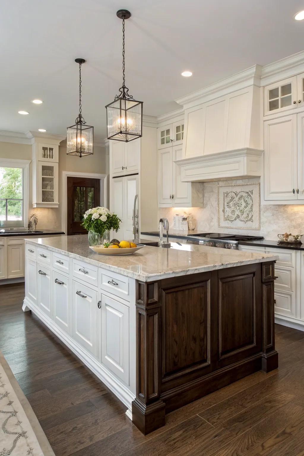 A distinct cooking central style stands out in a white kitchen.