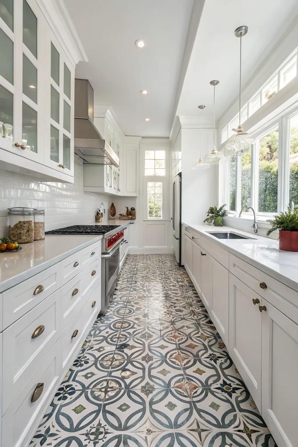 Bold patterned flooring adds personality to the white kitchen.