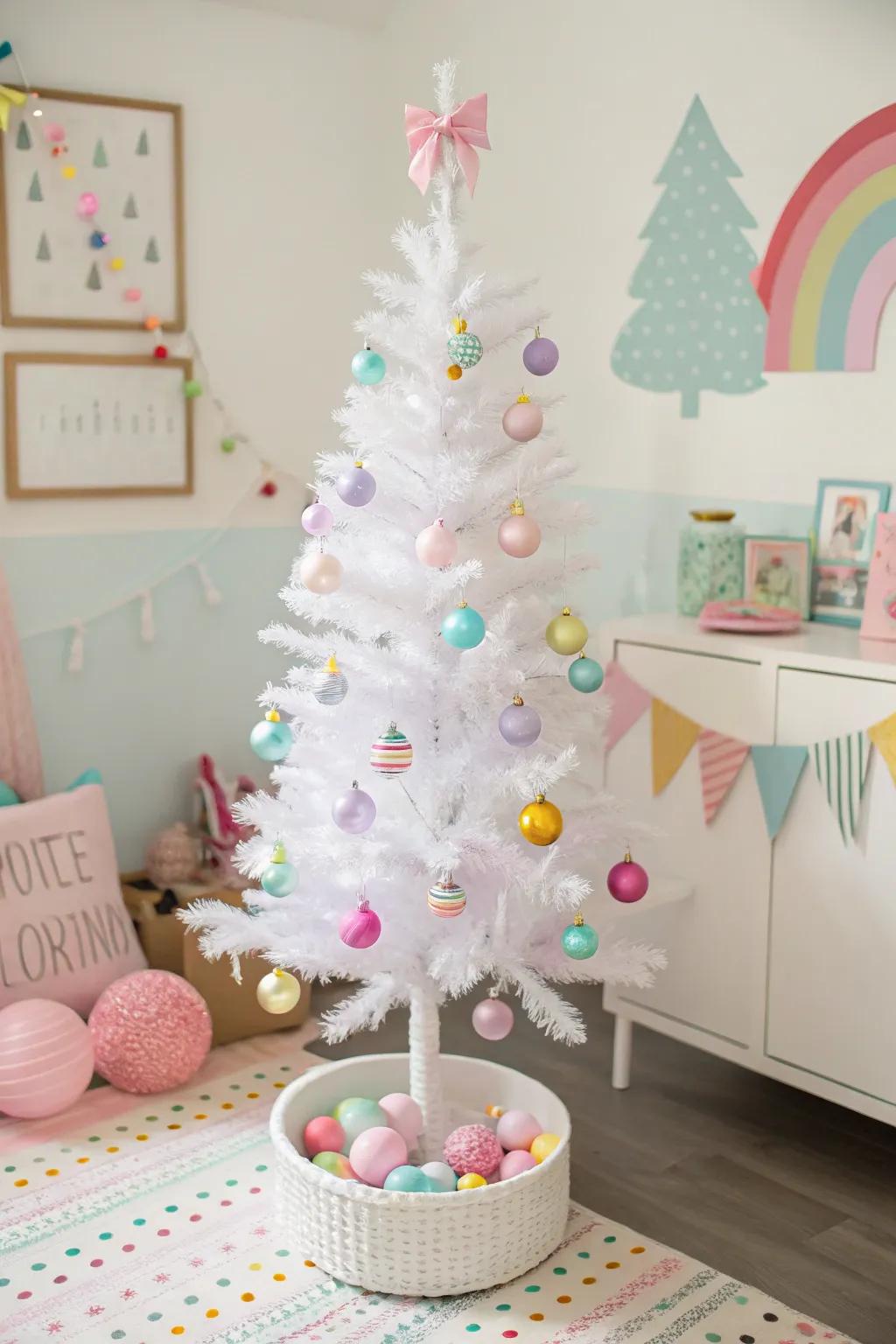 A playful tints-themed white pencil tree featuring soft, gentle colors.