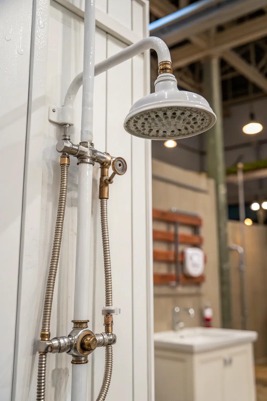 Industrial influences highlighted by exposed conduit in a white shower.