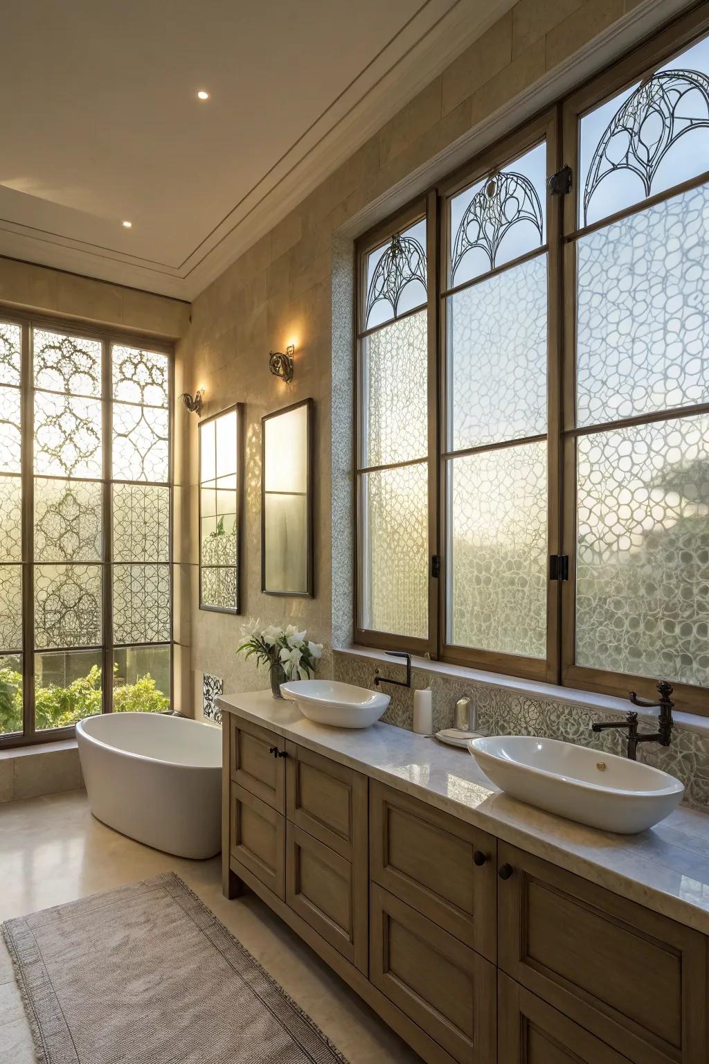 Textured glass adds artistic privacy.