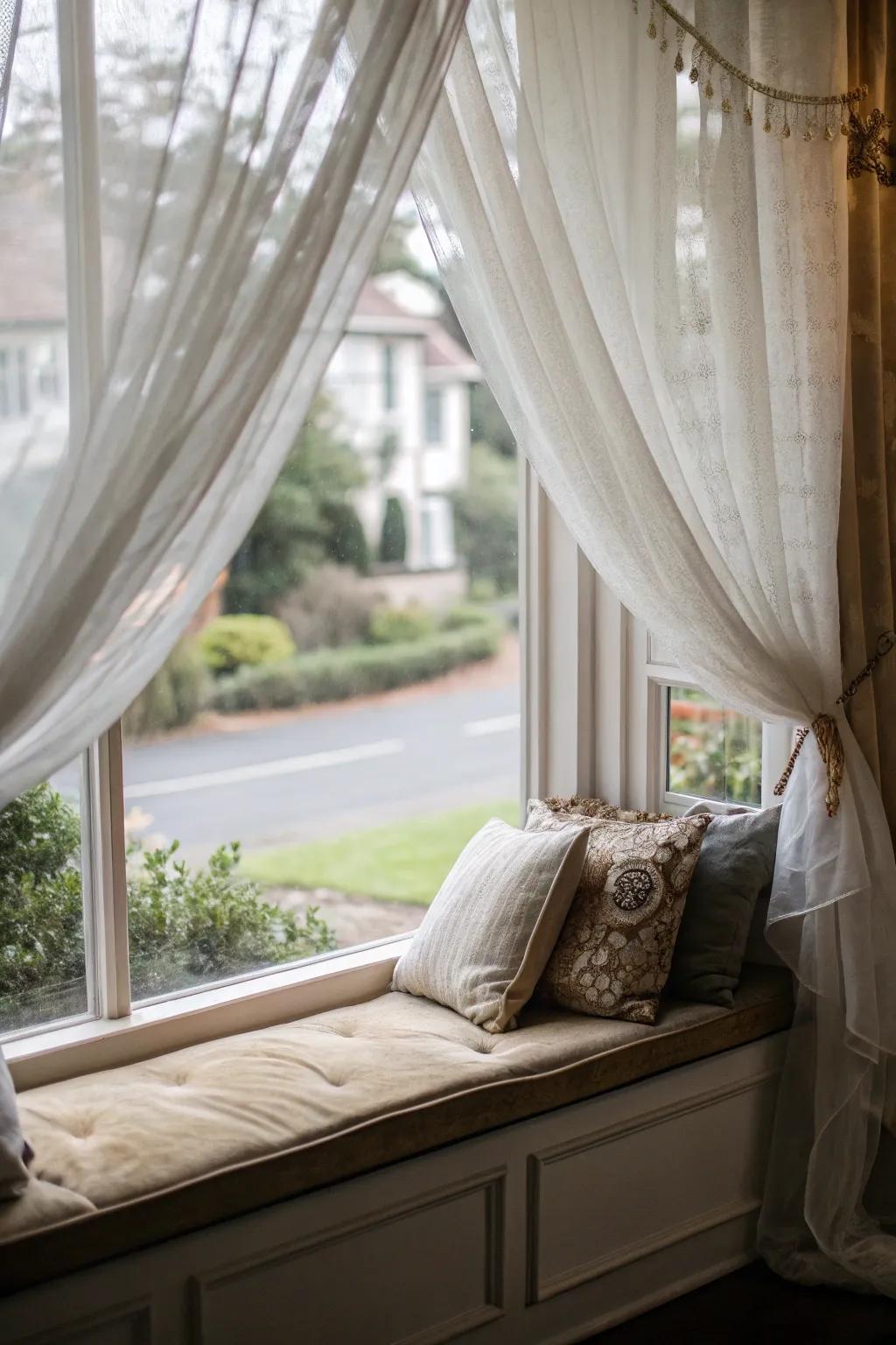 A <strong>window seat</strong> using drapes to get more style and personal privacy.&rdquo; loading=&rdquo;lazy&rdquo; class=&rdquo;pimg&rdquo;>
	</picture><figcaption>A <strong>window seat</strong> using drapes to get more style and personal privacy.</figcaption></figure>
<p>Utilize drapes or curtains surrounding the <strong>window seat</strong> to produce a secluded retreat. Within my space, see-through drapes add just a little style while sustaining lighting.</p>
<h3>Possibly handy products:</h3>
<ul class=