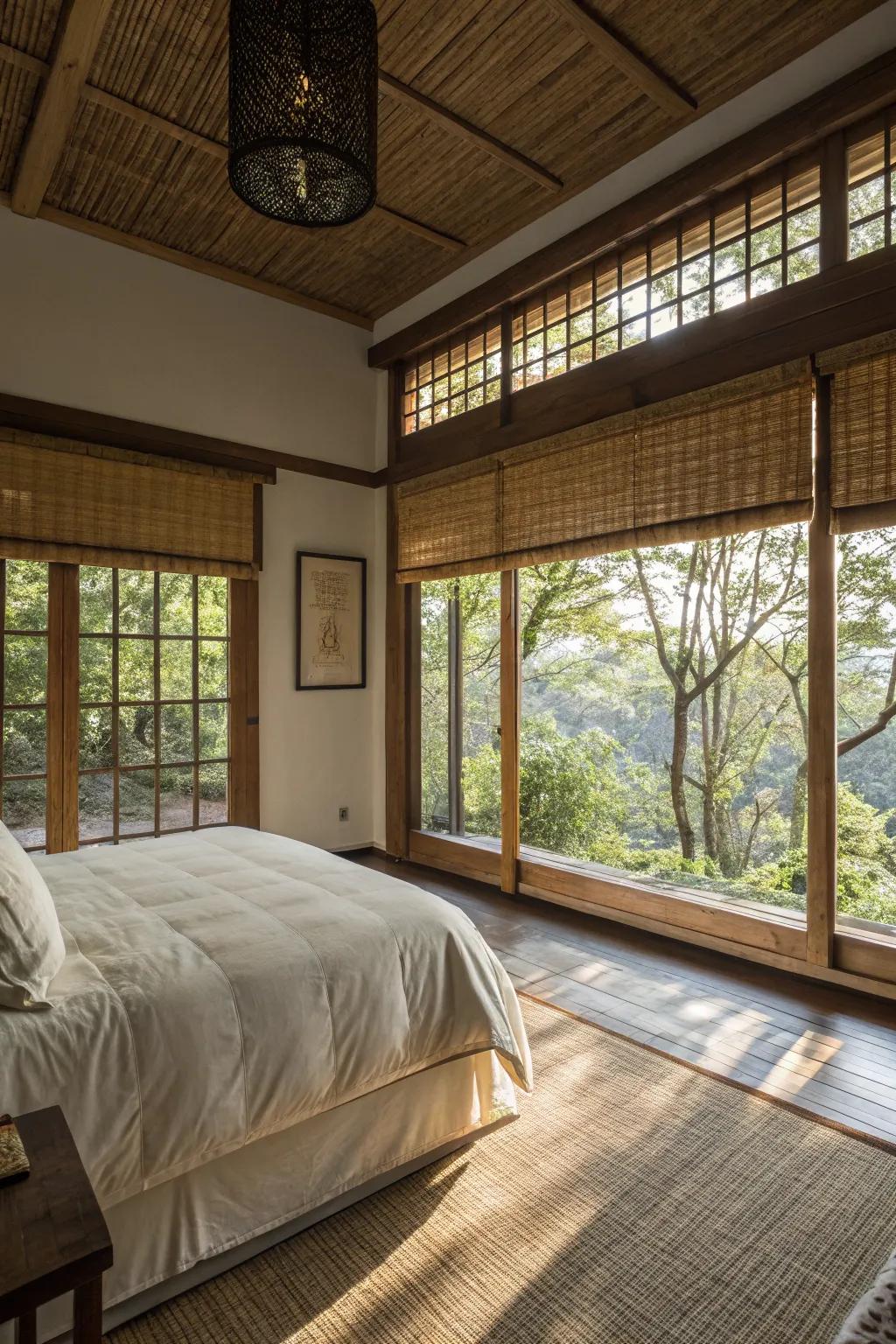 Sustainable shades offer a natural touch to casement windows.